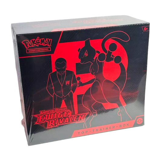 Pokémon Ewige Rivalen Top‑Trainer‑Box – deutsche Version – Vorderansicht der Box mit Team Rocket‑Promokarte und Boxdesign