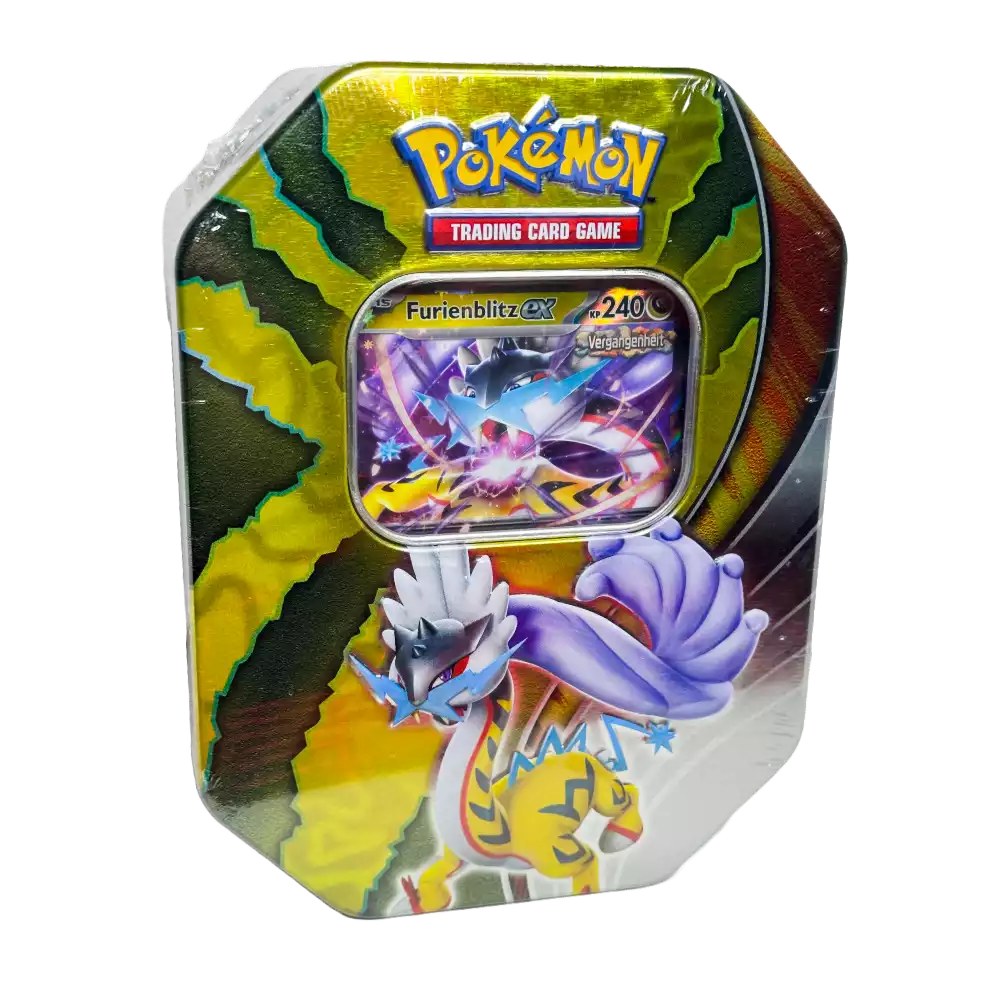Pokémon Furienblitz-ex Tin #114 – deutsche Version – Vorderansicht der Metalldose mit Artwork von Furienblitz-ex und leuchtendem Hintergrund