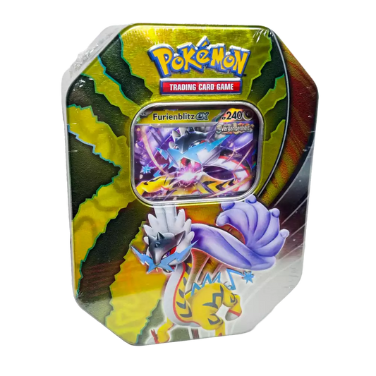 Pokémon Furienblitz-ex Tin #114 – deutsche Version – Vorderansicht der Metalldose mit Artwork von Furienblitz-ex und leuchtendem Hintergrund