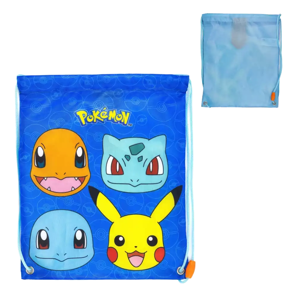 Pokémon Kanto Battle Pouch – ca. 30 cm – Tasche im Pokéball-Design mit Pikachu, Glumanda, Schiggy und Bisasam auf blauem Hintergrund, ideal für TCG-Karten und Zubehör – mit praktischen Kordelzügen für einfachen Transport
