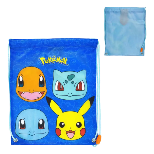 Pokémon Kanto Battle Pouch – ca. 30 cm – Tasche im Pokéball-Design mit Pikachu, Glumanda, Schiggy und Bisasam auf blauem Hintergrund, ideal für TCG-Karten und Zubehör – mit praktischen Kordelzügen für einfachen Transport
