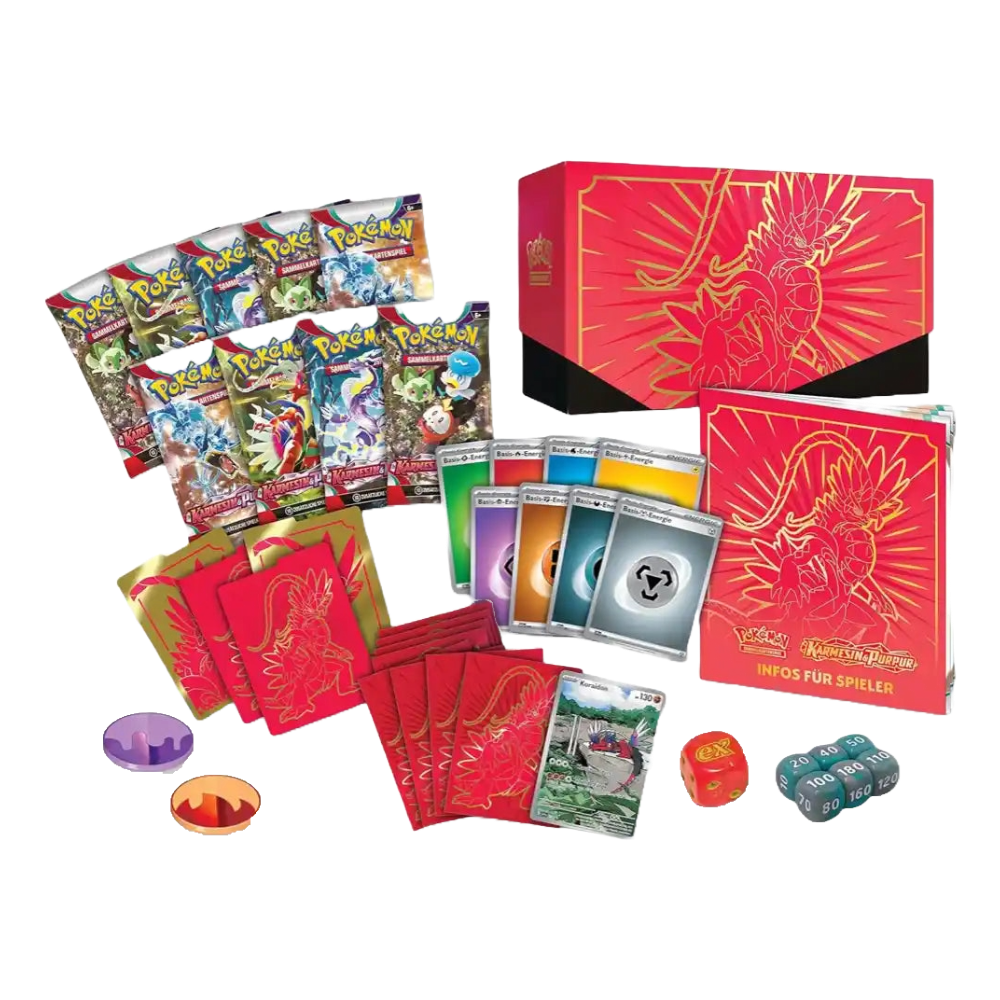 Geöffnete Pokémon Karmesin & Purpur Top‑Trainer‑Box – deutsche Version – Inhalt mit 9 Boosterpacks, Promokarte (Koraidon oder Miraidon), 65 Hüllen, 45 Energiekarten, Würfeln, Anleitung, Münzwurf‑Münze, Zustand‑Marker, Sammlerkästen und Online‑Codekarte