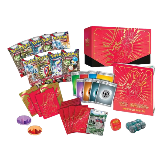 Geöffnete Pokémon Karmesin & Purpur Top‑Trainer‑Box – deutsche Version – Inhalt mit 9 Boosterpacks, Promokarte (Koraidon oder Miraidon), 65 Hüllen, 45 Energiekarten, Würfeln, Anleitung, Münzwurf‑Münze, Zustand‑Marker, Sammlerkästen und Online‑Codekarte