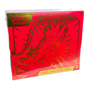 Pokémon Karmesin & Purpur Top‑Trainer‑Box – deutsche Version – Vorderansicht mit stylisiertem Miraidon oder Koraidon Artwork auf violettem oder rotem Hintergrund