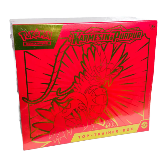 Pokémon Karmesin & Purpur Top‑Trainer‑Box – deutsche Version – Vorderansicht mit stylisiertem Miraidon oder Koraidon Artwork auf violettem oder rotem Hintergrund