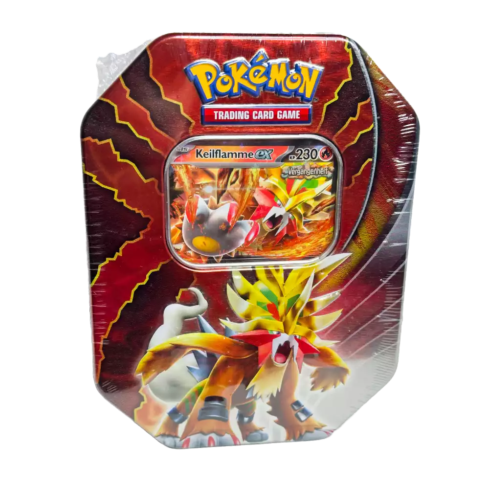 Pokémon Keilflamme-ex Tin #116 – deutsche Version – Vorderansicht der Metalldose mit Artwork von Keilflamme-ex auf orange-grauem Hintergrund