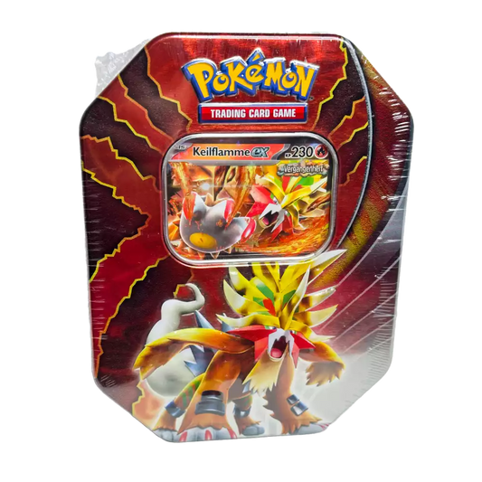 Pokémon Keilflamme-ex Tin #116 – deutsche Version – Vorderansicht der Metalldose mit Artwork von Keilflamme-ex auf orange-grauem Hintergrund