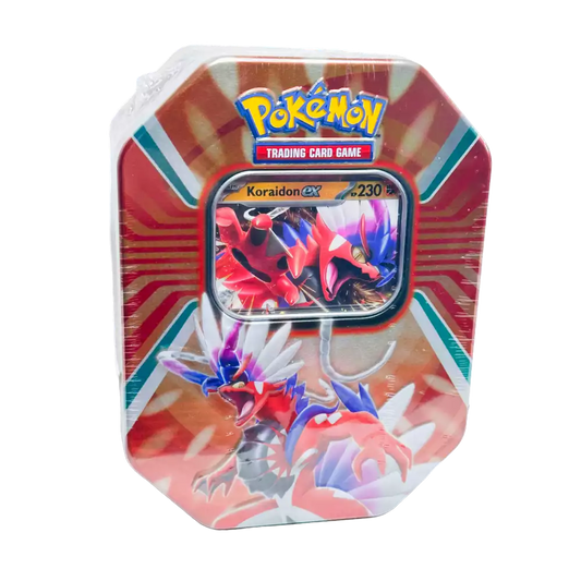 Pokémon Koraidon-ex Tin #108 – deutsche Version – Vorderansicht der Metalldose mit Artwork von Koraidon-ex auf rot-weißer Explosion