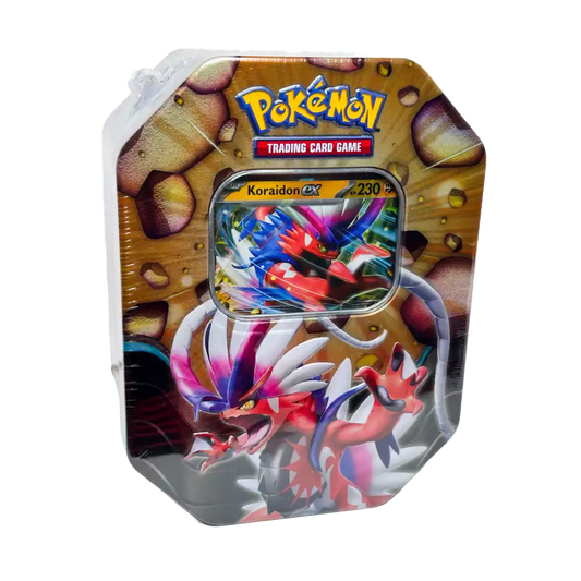 Pokémon Koraidon-ex Tin #121 – deutsche Version – Vorderansicht der Metalldose mit Artwork von Koraidon-ex auf orangefarbenem Hintergrund