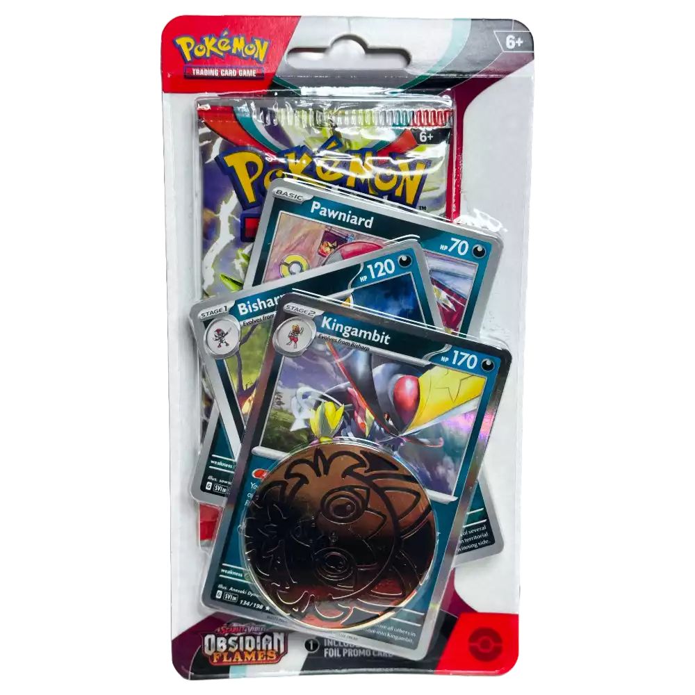 Pokémon Obsidian Flames Checklane Blister – englische Version – Vorderansicht des Blister‑Packs mit Booster, Promo‑Karte & Sammlermünze
