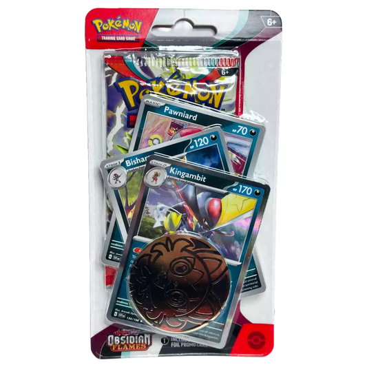 Pokémon Obsidian Flames Checklane Blister – englische Version – Vorderansicht des Blister‑Packs mit Booster, Promo‑Karte & Sammlermünze