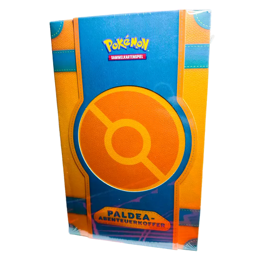 Pokémon Paldea-Abenteuerkoffer – deutsche Version – Vorderansicht der Box mit Pikachu-Artwork auf orange-blauem Hintergrund