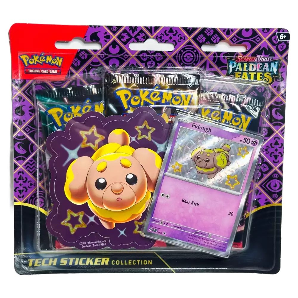Pokémon Paldean Fates Tech Sticker Collection – Fidough Edition – Vorderseite des Blister‑Packs mit Promo‑Sticker und Booster