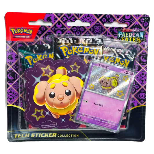 Pokémon Paldean Fates Tech Sticker Collection – Fidough Edition – Vorderseite des Blister‑Packs mit Promo‑Sticker und Booster