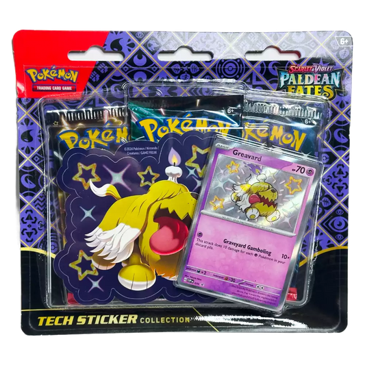 Pokémon Paldean Fates Tech Sticker Collection – Greavard Edition – Vorderansicht des Blister‑Packs mit Shiny Greavard Promo‑Sticker und 3 Boosterpacks (englische Version