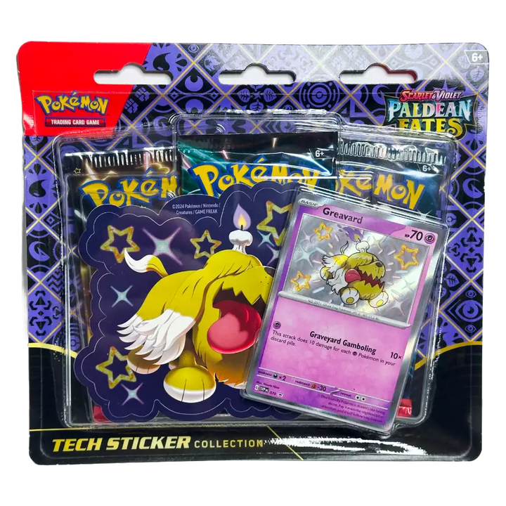 Pokémon Paldean Fates Tech Sticker Collection – Greavard Edition – Vorderansicht des Blister‑Packs mit Shiny Greavard Promo‑Sticker und 3 Boosterpacks (englische Version