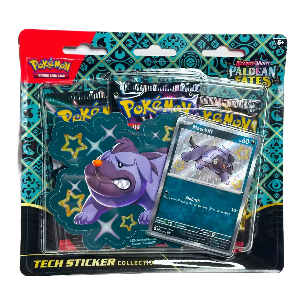 Pokémon Paldean Fates Tech Sticker Collection – Maschiff Edition – Vorderansicht des Blister‑Packs mit Shiny Maschiff Promo‑Sticker und 3 Boosterpacks (englische Version)
