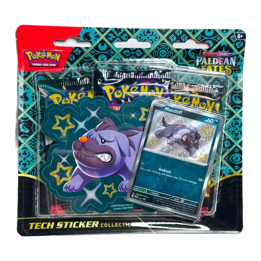 Pokémon Paldean Fates Tech Sticker Collection – Maschiff Edition – Vorderansicht des Blister‑Packs mit Shiny Maschiff Promo‑Sticker und 3 Boosterpacks (englische Version)