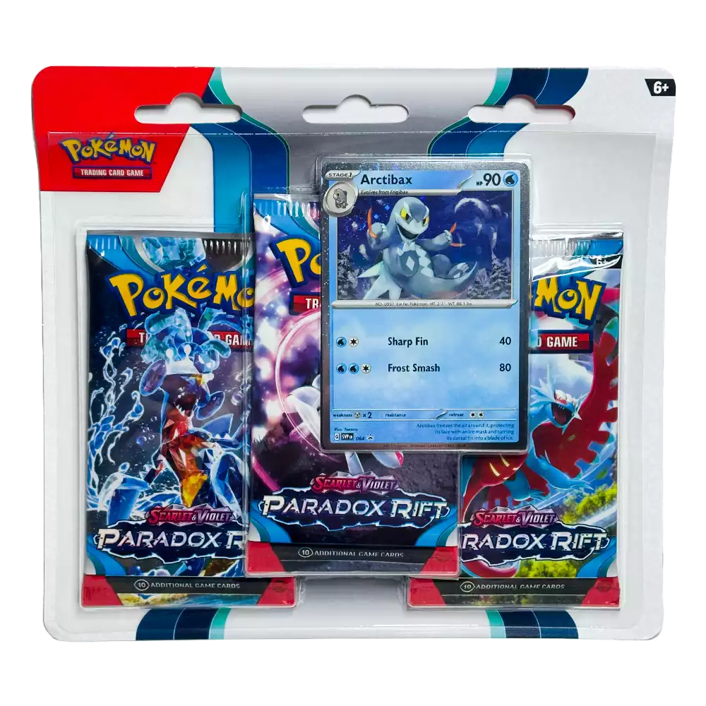 Pokémon Paradox Rift 3‑Pack Blister – englische Version – Vorderansicht des Blister‑Packs mit 3 Boosterpacks, Promo‑Karte und Codekarte