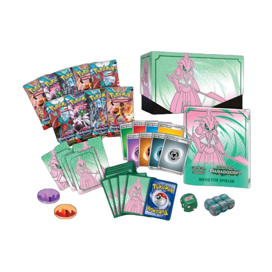 Geöffnete Pokémon Paradoxrift Top-Trainer-Box – deutsche Version – Inhalt mit 9 Boosterpacks, Promokarte, Spielkartenhüllen, Energiekarten, Würfeln, Anleitung, Münze, Marker und Online-Codekarte