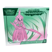 Pokémon Paradoxrift Top-Trainer-Box – deutsche Version – Vorderansicht der Box mit Donnersichel oder Eisenkrieger Artwork auf grünem Hintergrund