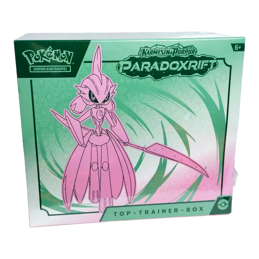 Pokémon Paradoxrift Top-Trainer-Box – deutsche Version – Vorderansicht der Box mit Donnersichel oder Eisenkrieger Artwork auf grünem Hintergrund