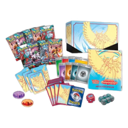Geöffnete Pokémon Paradoxrift Top-Trainer-Box Donnersichel – deutsche Version – Inhalt mit 9 Boosterpacks, Promokarte, Spielkartenhüllen, Energiekarten, Würfeln, Anleitung, Münze, Marker und Online-Codekarte