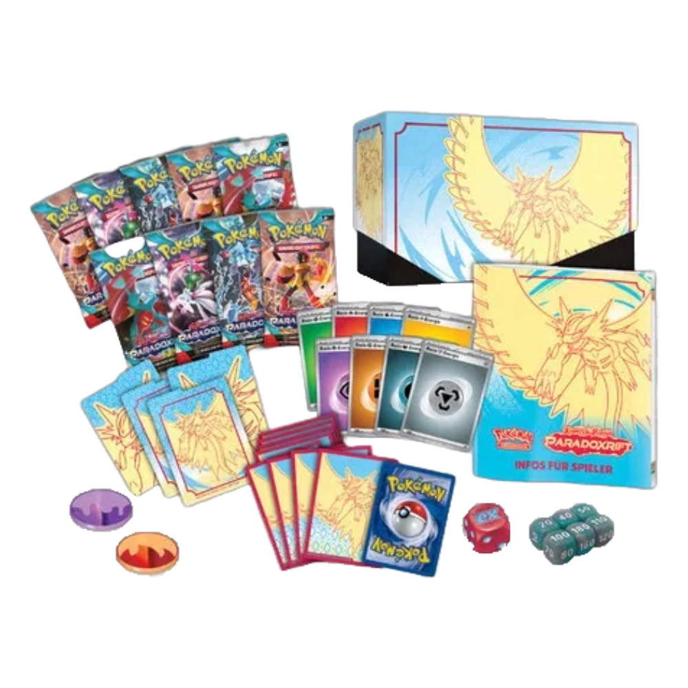 Geöffnete Pokémon Paradoxrift Top-Trainer-Box Donnersichel – deutsche Version – Inhalt mit 9 Boosterpacks, Promokarte, Spielkartenhüllen, Energiekarten, Würfeln, Anleitung, Münze, Marker und Online-Codekarte