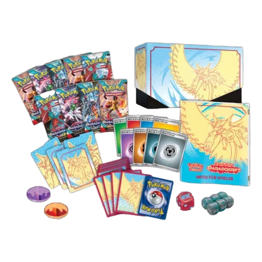 Geöffnete Pokémon Paradoxrift Top-Trainer-Box Donnersichel – deutsche Version – Inhalt mit 9 Boosterpacks, Promokarte, Spielkartenhüllen, Energiekarten, Würfeln, Anleitung, Münze, Marker und Online-Codekarte