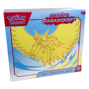 Pokémon Paradoxrift Top-Trainer-Box Donnersichel – deutsche Version – Vorderansicht der Box mit Donnersichel-Artwork auf blauem Hintergrund