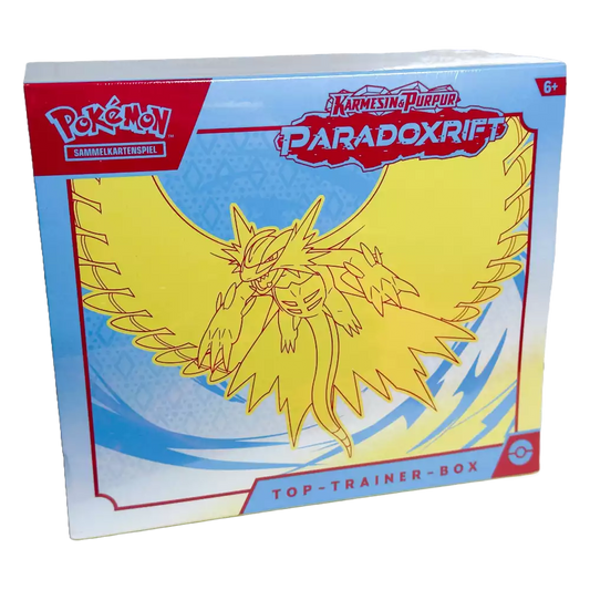 Pokémon Paradoxrift Top-Trainer-Box Donnersichel – deutsche Version – Vorderansicht der Box mit Donnersichel-Artwork auf blauem Hintergrund
