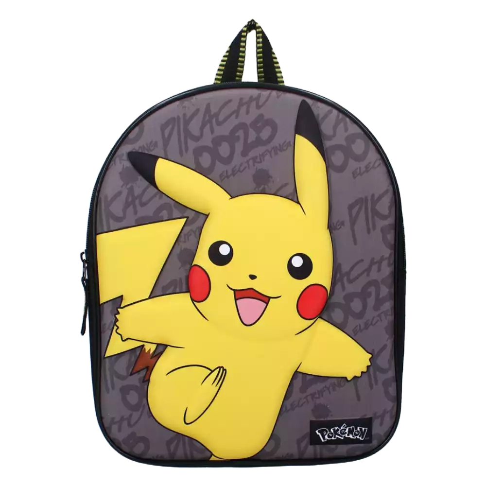 Pokémon Pikachu 3D Rucksack in Grau – Vorderansicht des Rucksacks mit plastischem Pikachu-Motiv auf grauem Hintergrund, geeignet für TCG-Fans und Kinder