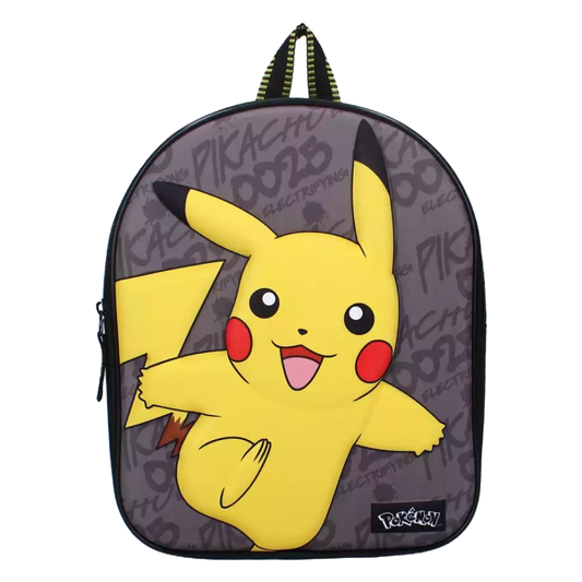 Pokémon Pikachu 3D Rucksack in Grau – Vorderansicht des Rucksacks mit plastischem Pikachu-Motiv auf grauem Hintergrund, geeignet für TCG-Fans und Kinder