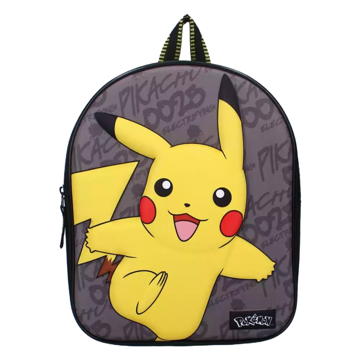Pokémon Pikachu 3D Rucksack in Grau – Vorderansicht des Rucksacks mit plastischem Pikachu-Motiv auf grauem Hintergrund, geeignet für TCG-Fans und Kinder