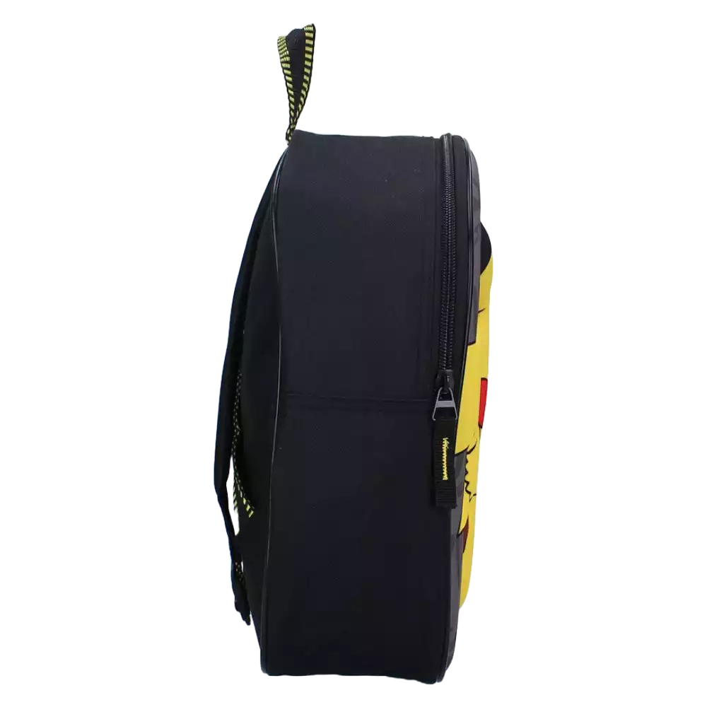 Pokémon Pikachu 3D Rucksack in Grau – Seitenansicht mit sichtbaren Reißverschlüssen und Trägern, robust und kindgerecht gestaltet