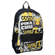 Pokémon Pikachu Rucksack Grau/Schwarz (41 cm) – Vorderansicht des Rucksacks im Graffiti-Look mit Pikachu, Elektro-Blitzen und der Nummer 025 – geeignet für TCG-Ausrüstung, Turniere und Sammlertreffen
