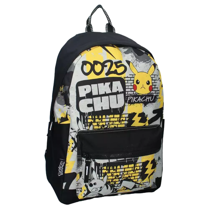 Pokémon Pikachu Rucksack Grau/Schwarz (41 cm) – Vorderansicht des Rucksacks im Graffiti-Look mit Pikachu, Elektro-Blitzen und der Nummer 025 – geeignet für TCG-Ausrüstung, Turniere und Sammlertreffen