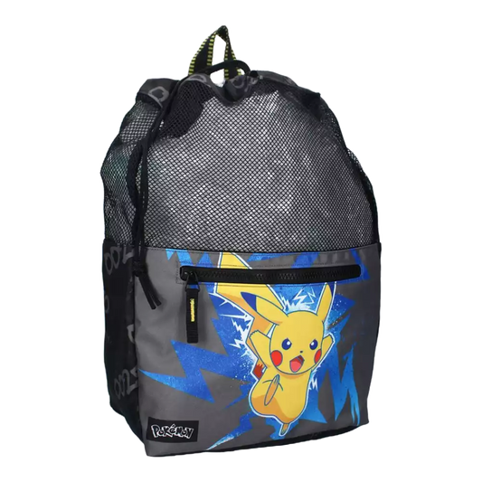 Pokémon Pikachu Sportbeutel in Blau/Schwarz – ca. 40 cm – Vorderansicht des Beutels mit stilvollem Pikachu-Design, geeignet für TCG-Ausrüstung oder Sportutensilien – Robustes Material mit Kordelzugverschluss und Reißverschluss