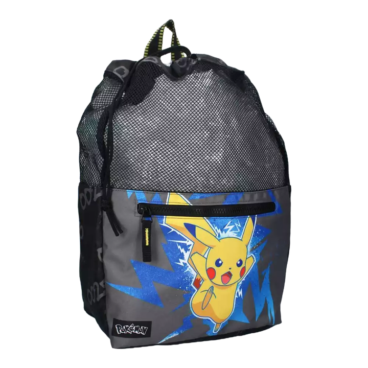 Pokémon Pikachu Sportbeutel in Blau/Schwarz – ca. 40 cm – Vorderansicht des Beutels mit stilvollem Pikachu-Design, geeignet für TCG-Ausrüstung oder Sportutensilien – Robustes Material mit Kordelzugverschluss und Reißverschluss