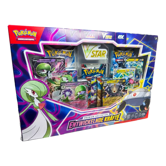 Pokémon Premium Kollektion ‚Entwickelnde Kräfte‘ – deutsche Version – Vorderansicht der Box mit Guardevoir-EX und Magnezone-EX-Artwork auf lila-schillerndem Hintergrund