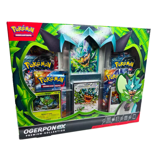 Pokémon Premium Kollektion Ogerpon-ex – deutsche Version – Vorderansicht der Box mit Artwork von Ogerpon und Maske des Oni auf grünem Hintergrund