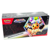 Pokémon Prismatische Entwicklungen Überraschungsbox – deutsche Version – Vorderansicht der Box mit Evoli-Artwork auf schillerndem Hintergrund