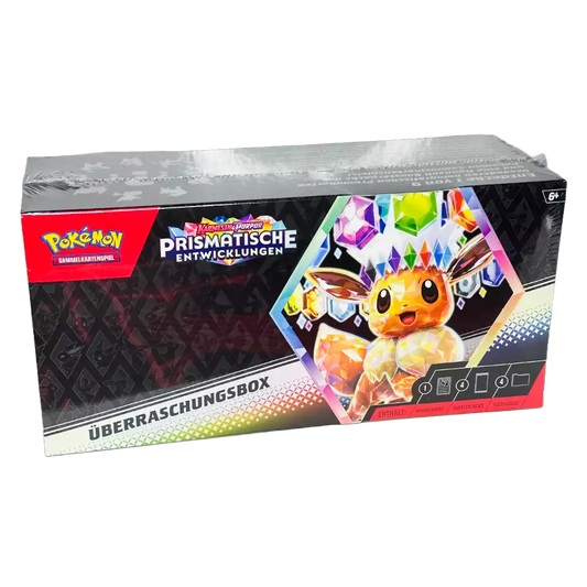 Pokémon Prismatische Entwicklungen Überraschungsbox – deutsche Version – Vorderansicht der Box mit Evoli-Artwork auf schillerndem Hintergrund