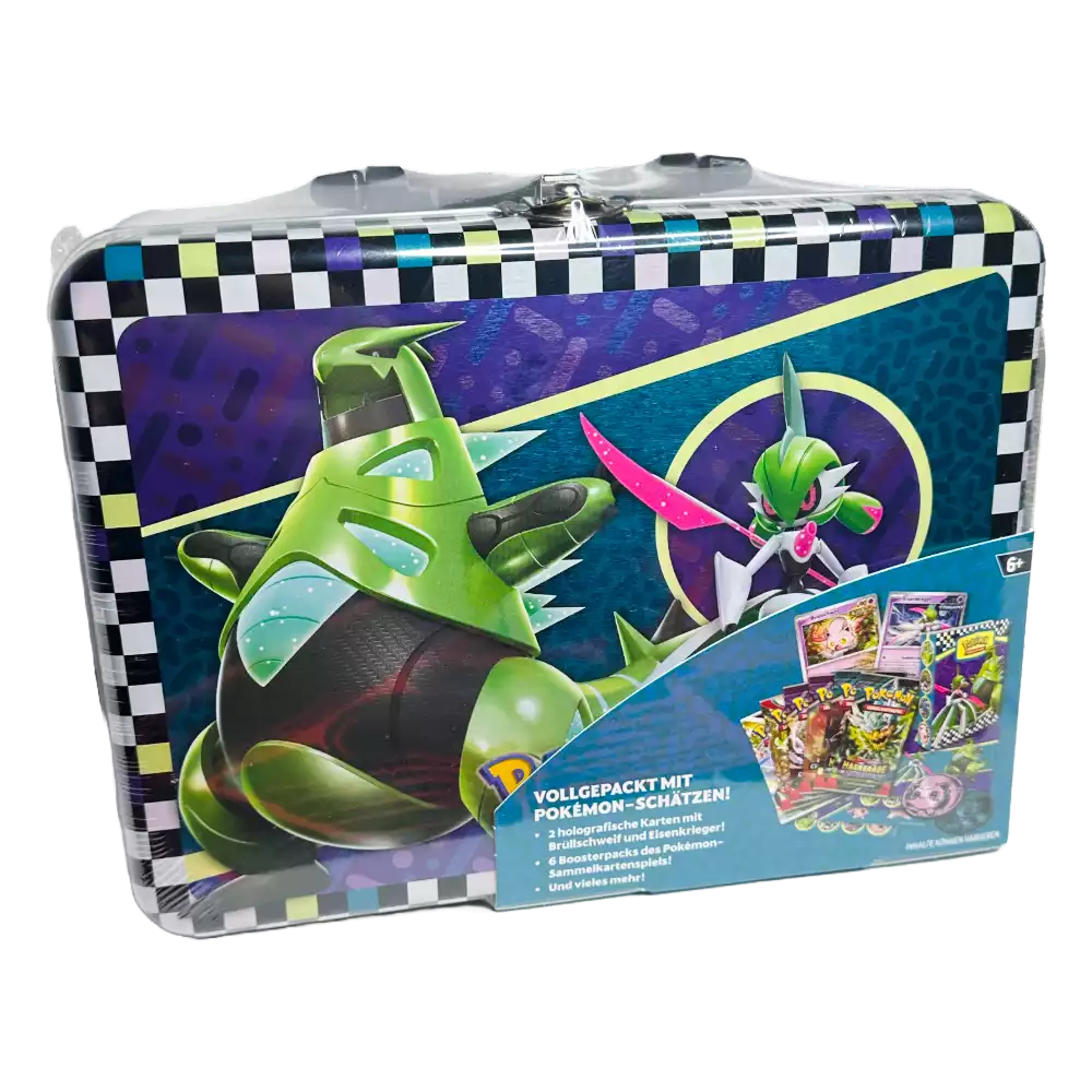 Pokémon Sammelkoffer Back to School 2024 – deutsche Version – Vorderansicht der robusten Metallbox mit Artwork von Brüllschweif und Eisenkrieger auf lila-grünem Hintergrund