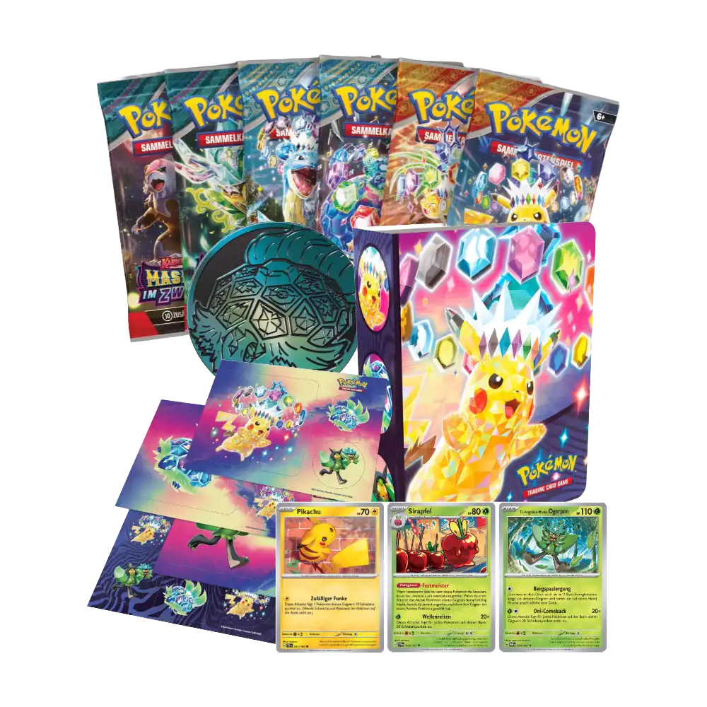 Geöffneter Pokémon Sammelkoffer Terakristall-Pikachu Herbst 2024 – deutsche Version – Innenansicht mit Kartenfächern, Boosterpacks und Pikachu-Motiv