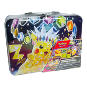 Pokémon Sammelkoffer Terakristall-Pikachu Herbst 2024 – deutsche Version – Vorderansicht der bunten Metallbox mit Pikachu-Artwork und leuchtenden Farben