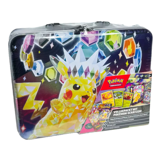 Pokémon Sammelkoffer Terakristall-Pikachu Herbst 2024 – deutsche Version – Vorderansicht der bunten Metallbox mit Pikachu-Artwork und leuchtenden Farben