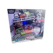 Pokémon Schwarze Blitze & Weiße Flammen Poster Kollektion – deutsche Version – Vorderansicht der Box mit Artwork von Zekrom und Reshiram auf schwarzem und weißem Hintergrund