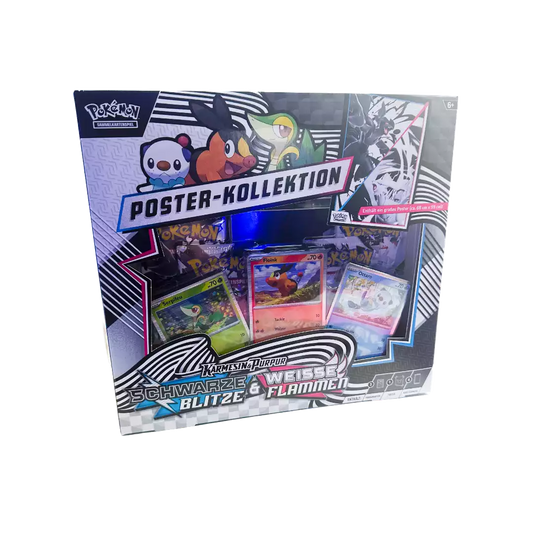 Pokémon Schwarze Blitze & Weiße Flammen Poster Kollektion – deutsche Version – Vorderansicht der Box mit Artwork von Zekrom und Reshiram auf schwarzem und weißem Hintergrund