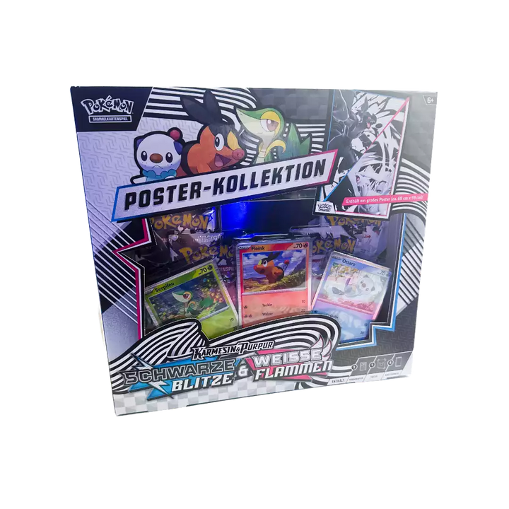 Pokémon Schwarze Blitze & Weiße Flammen Poster Kollektion – deutsche Version – Vorderansicht der Box mit Artwork von Zekrom und Reshiram auf schwarzem und weißem Hintergrund